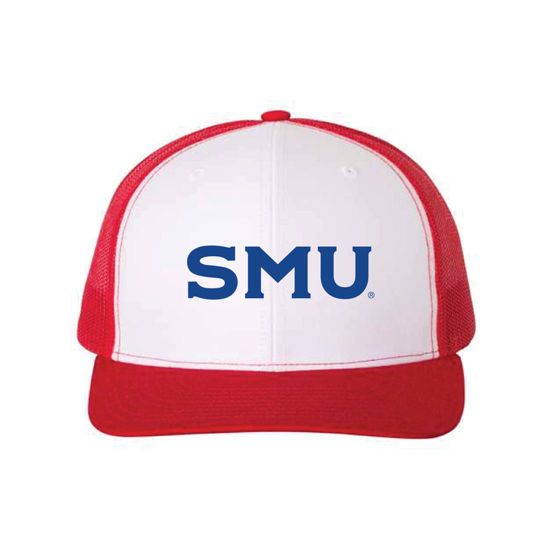 The SMU Logo Embroidered | White-Red Richardson Trucker Cap