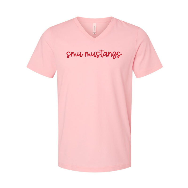 The SMU Mustangs Cursive | Pink V-Neck Tee