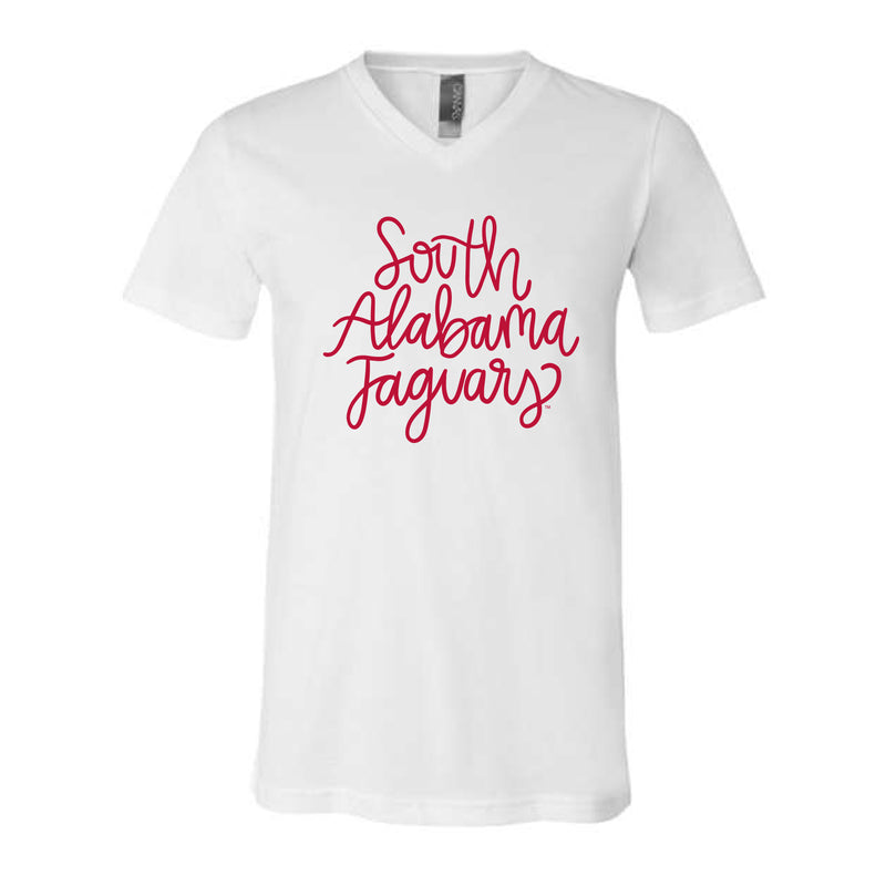 The South Alabama Script | Adult White V-Neck Tee