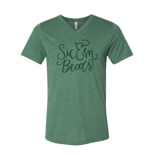 The Sic 'Em Bears Script | Heather Grass Green Vneck Tee