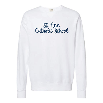 The St. Ann Script | Embroidered Adult White Crewneck Sweatshirt