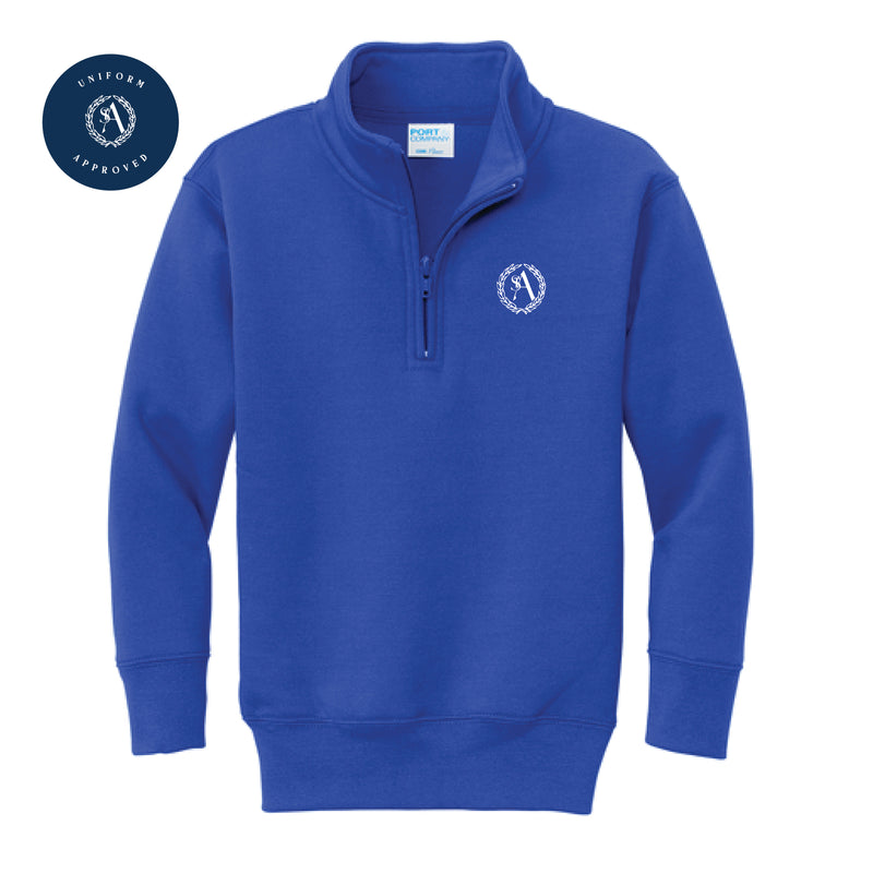 The St. Ann Crest | Embroidered Youth True Royal 1/4-Zip Pullover Sweatshirt