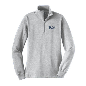 The TCS Logo | Women's Embroidered Athletic Heather 1/4-Zip Pullover Sweatshirt.
