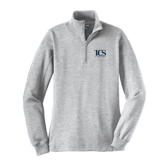 The TCS Logo | Women's Embroidered Athletic Heather 1/4-Zip Pullover Sweatshirt.