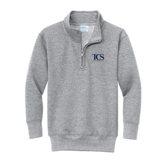 The TCS Logo | Youth Embroidered Athletic Heather 1/4-Zip Pullover Sweatshirt.