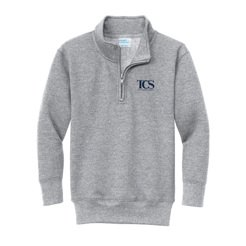 The TCS Logo | Youth Embroidered Athletic Heather 1/4-Zip Pullover Sweatshirt.