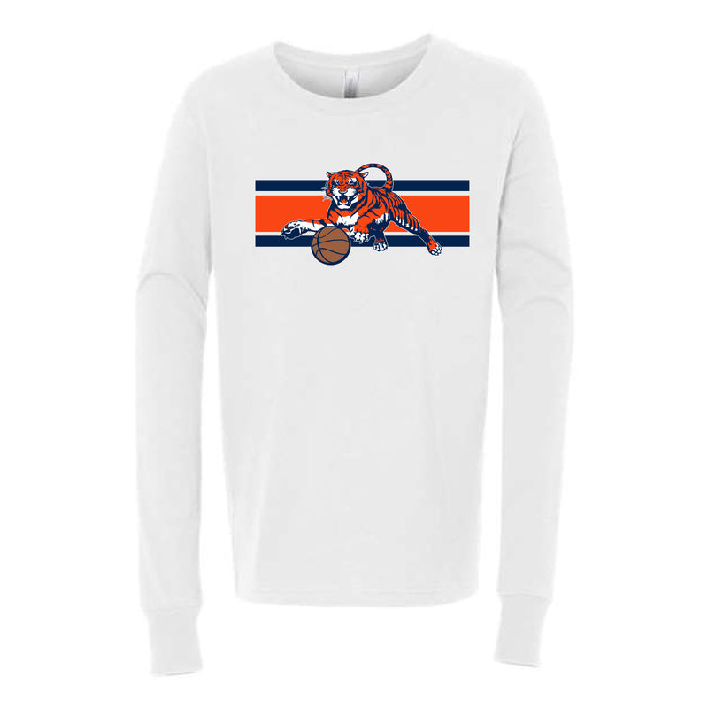 The Tiger Basketball Stripes Logo | Youth White Long Sleeve Tee