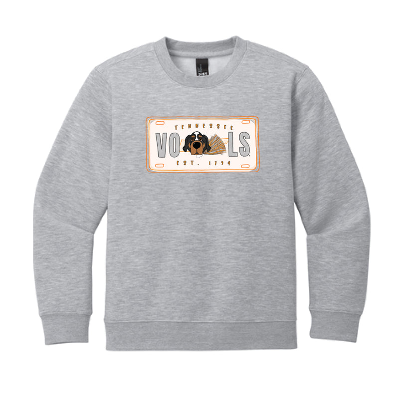 The Tennessee License Plate | Youth Light Heather Grey Crew Sweatshirt