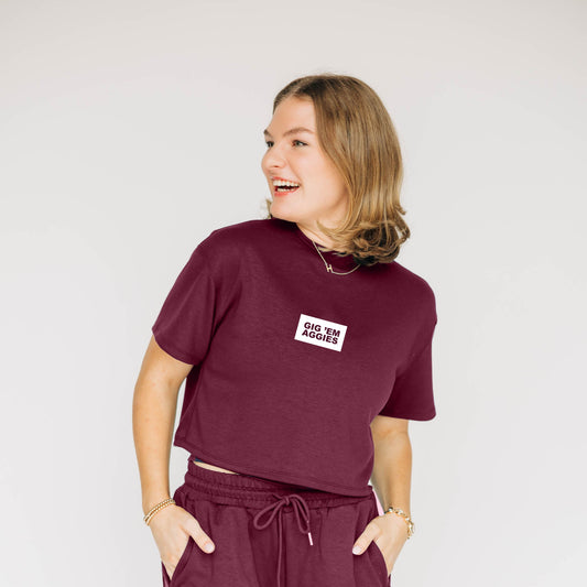 The Kristen Airy Tee Gig 'Em Aggies Woven Label | Deep Maroon