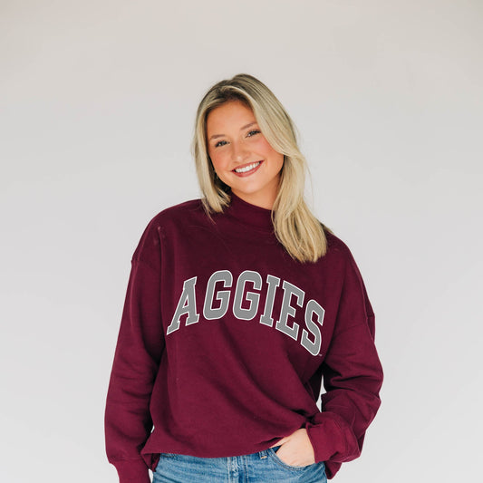 The Madi Classic Mockneck Aggies Applique | Deep Maroon - Grey Applique
