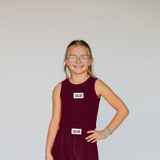 The Alli Airy Tank Gig 'Em Aggies Woven Label | Youth Deep Maroon