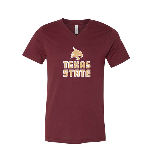The Texas State Bobcat Block Logo | Heather Cardinal V-Neck Tee