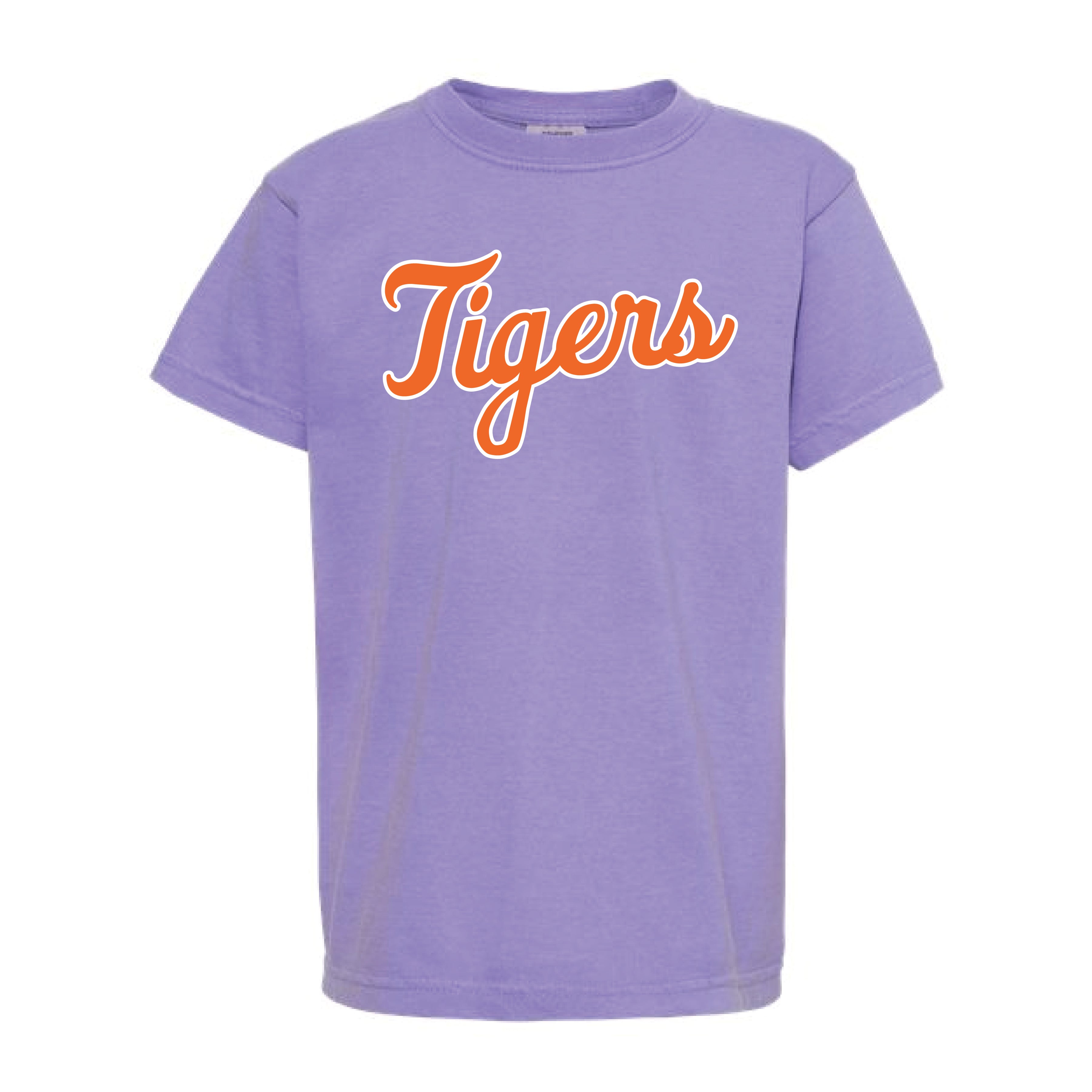 The Tigers Baseball Script | Youth Violet Tee – Scarlet & Gold