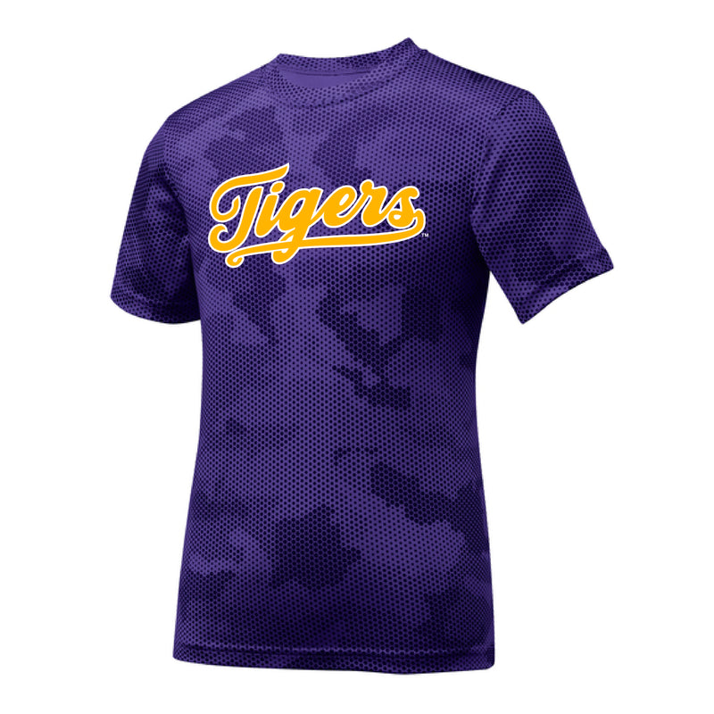The Tigers Script Logo | Youth Purple Athletic Tee