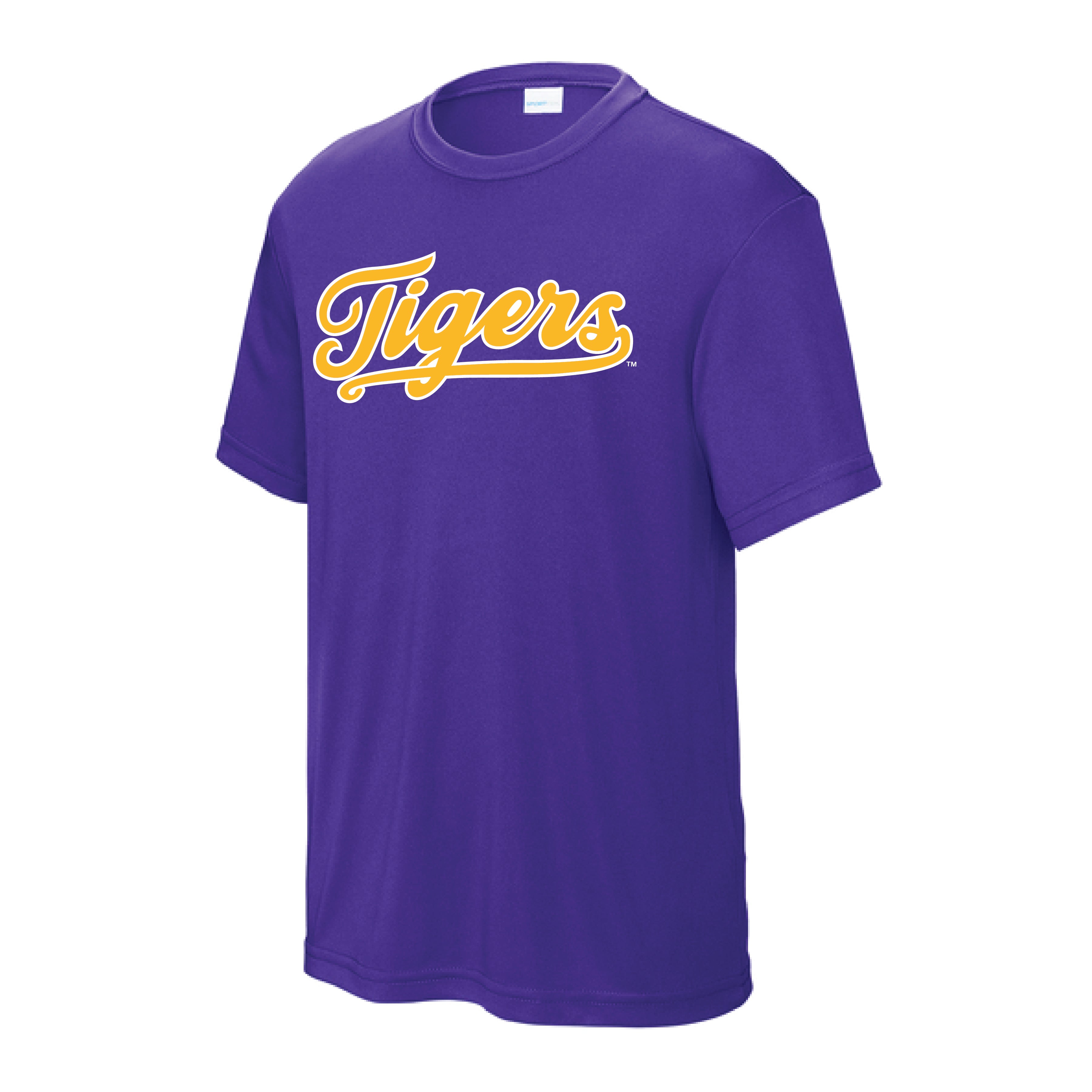 The Tigers Script Logo | Youth Purple Performance Tee – Scarlet & Gold