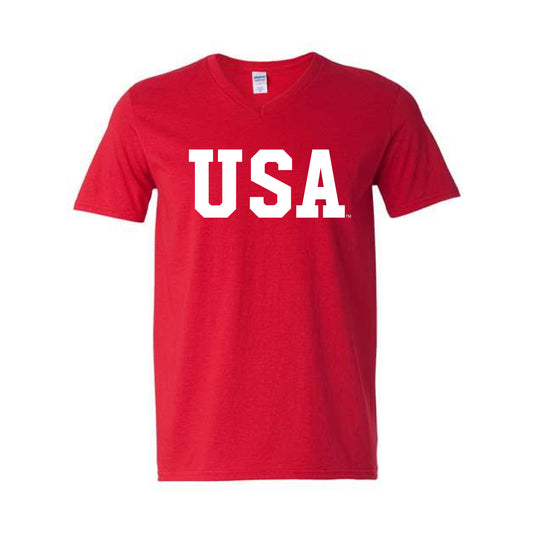 The USA Block | Adult Cherry Red V-Neck Tee