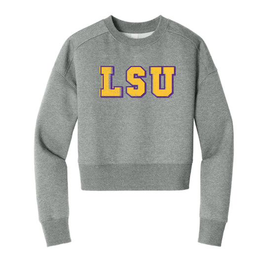 The Vintage LSU Block | Heathered Steel Cropped Crew Sweatshirt