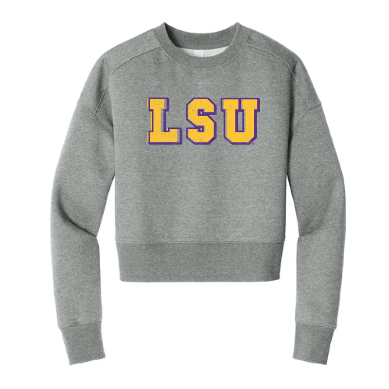 The Vintage LSU Block | Heathered Steel Cropped Crew Sweatshirt