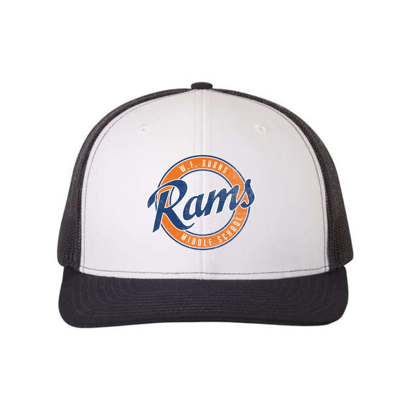 The Vintage Rams Circle | Embroidered White/Navy Richardson Snapback Trucker Cap