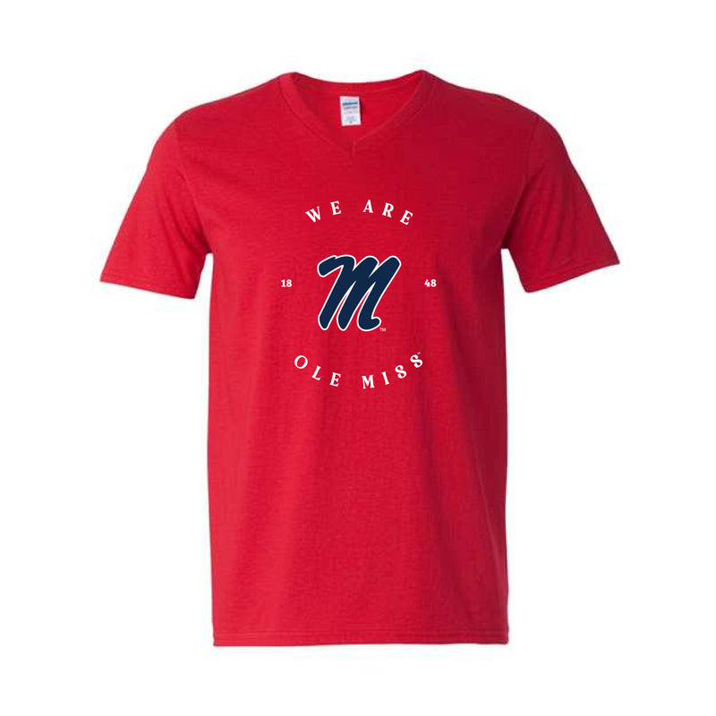 The We Are Ole Miss M Circle | Cherry Red V-Neck Tee