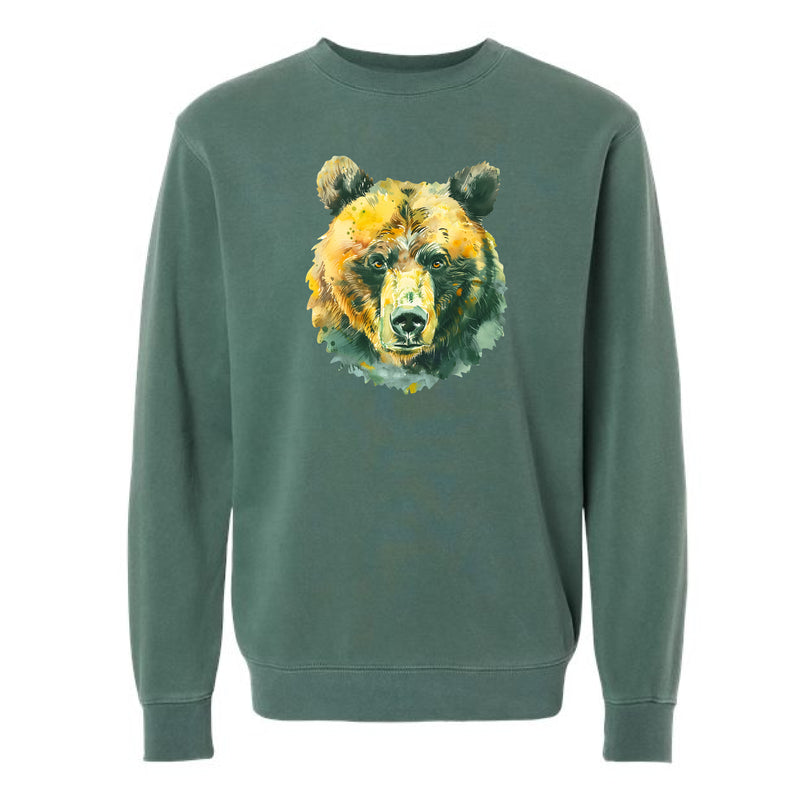 The Watercolor Bear Green and Gold | Adult Pigment Alpine Green Crewneck Sweatshirt