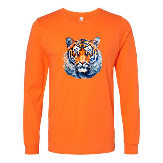 The Watercolor Tiger Orange and Blue | Orange Long Sleeve Tee