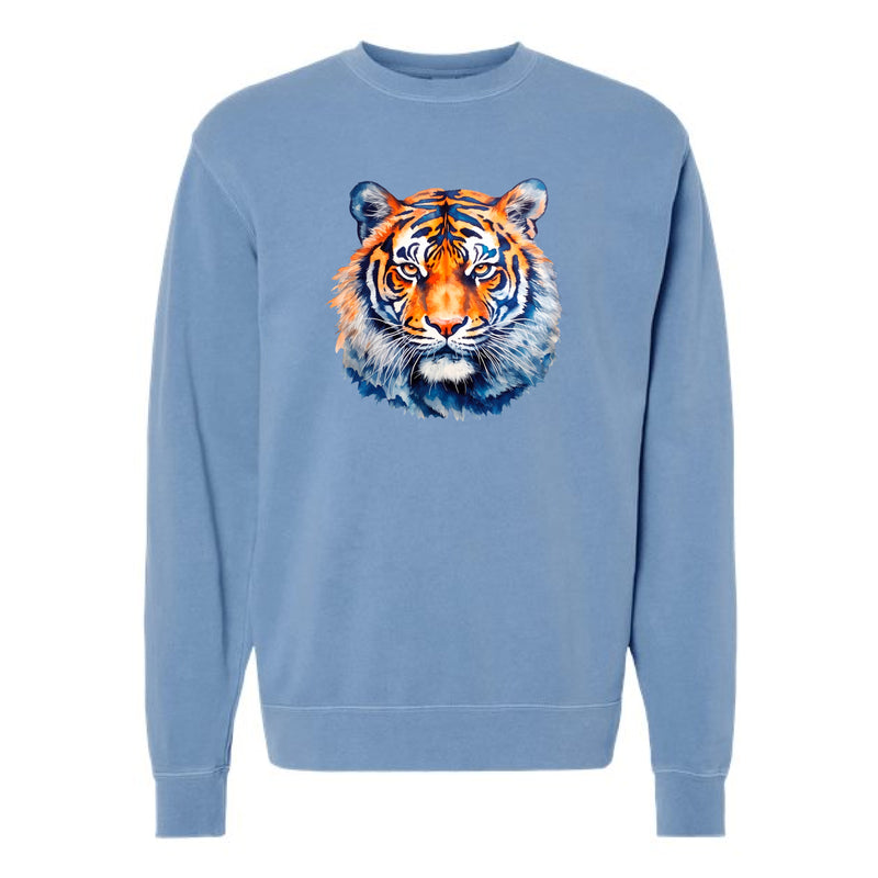 The Watercolor Tiger Orange and Blue | Adult Pigment Light Blue Crewneck Sweatshirt