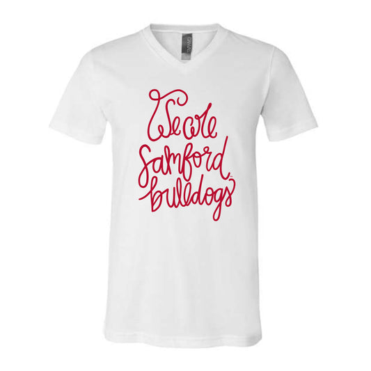 The We Are Samford Bulldogs Script | White V-Neck Tee