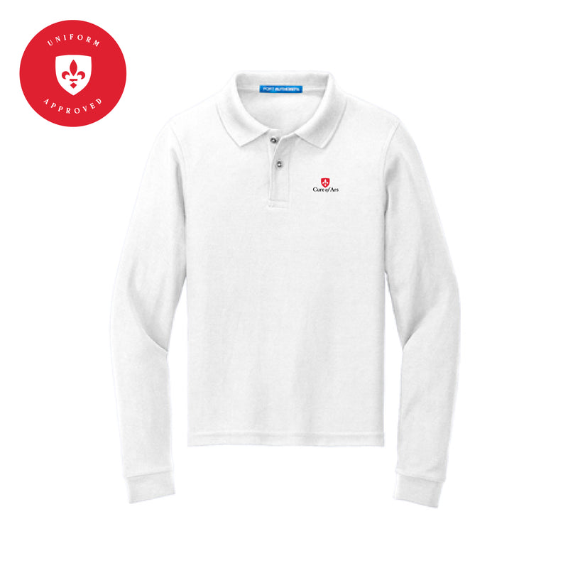 The Curé of Ars Logo | Embroidered White Youth Long Sleeve Polo