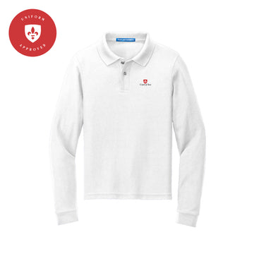 The Curé of Ars Logo | Embroidered White Youth Long Sleeve Polo