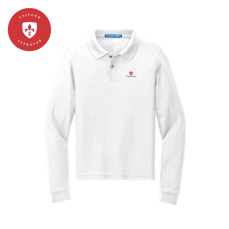 The Curé of Ars Logo | Embroidered White Youth Long Sleeve Polo