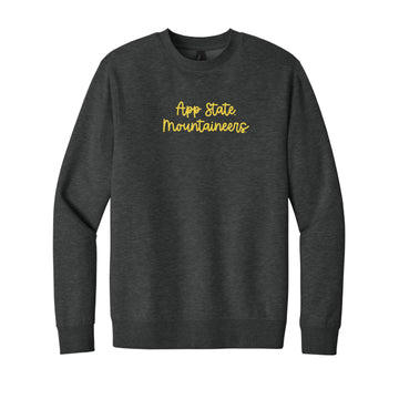 The App State Mountaineers Embroidered Script | Heathered Charcoal Fleece Sweatshirt
