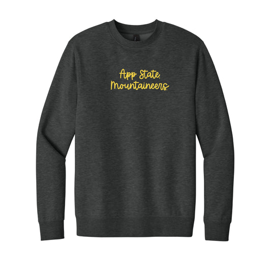 The App State Mountaineers Embroidered Script | Heathered Charcoal Fleece Sweatshirt
