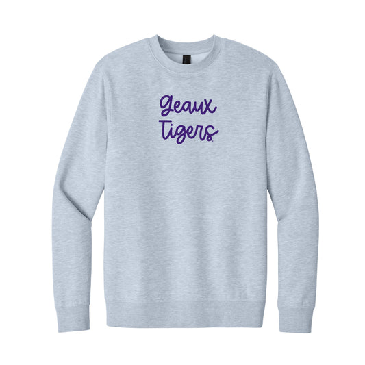 The Geaux Tigers Embroidered Script | Light Heather Grey Fleece Sweatshirt