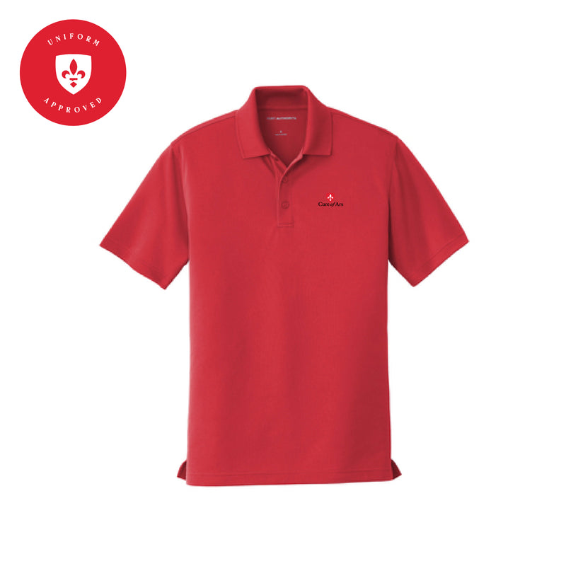 The Curé of Ars Logo | Embroidered Rich Red Micro-Mesh Polo