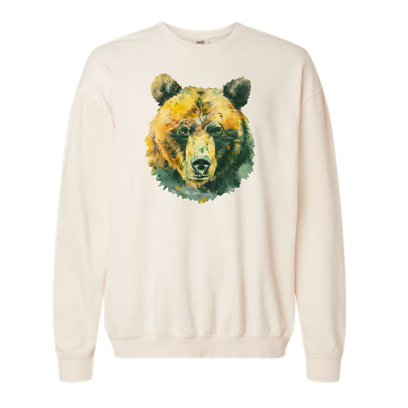 The Watercolor Bear Green and Gold | Adult Ivory Crewneck Sweatshirt