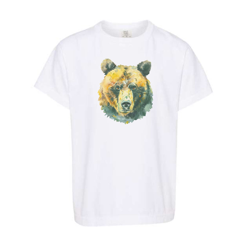 Watercolor Bear Green & Gold | Youth White Tee