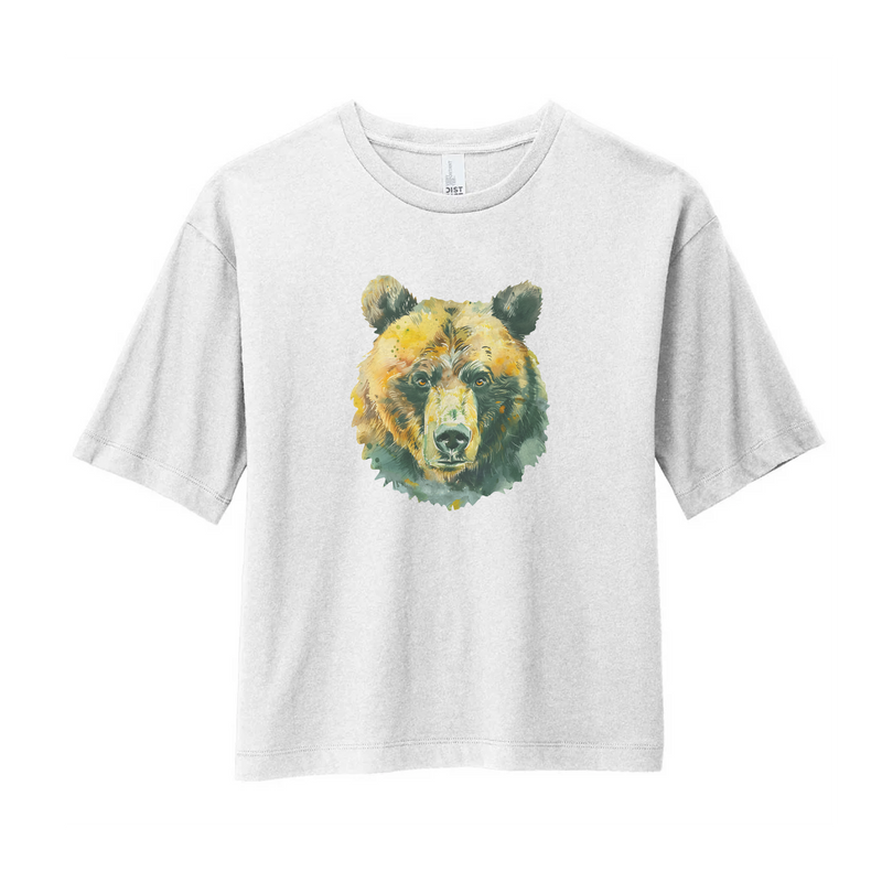 Watercolor Bear Green & Gold | White Boxy Tee