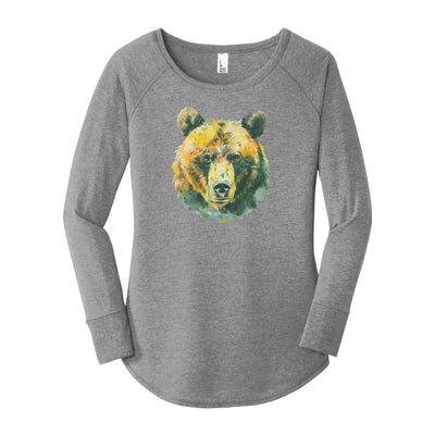 Watercolor Bear Green & Gold | Grey Frost Long Sleeve Tunic Tee