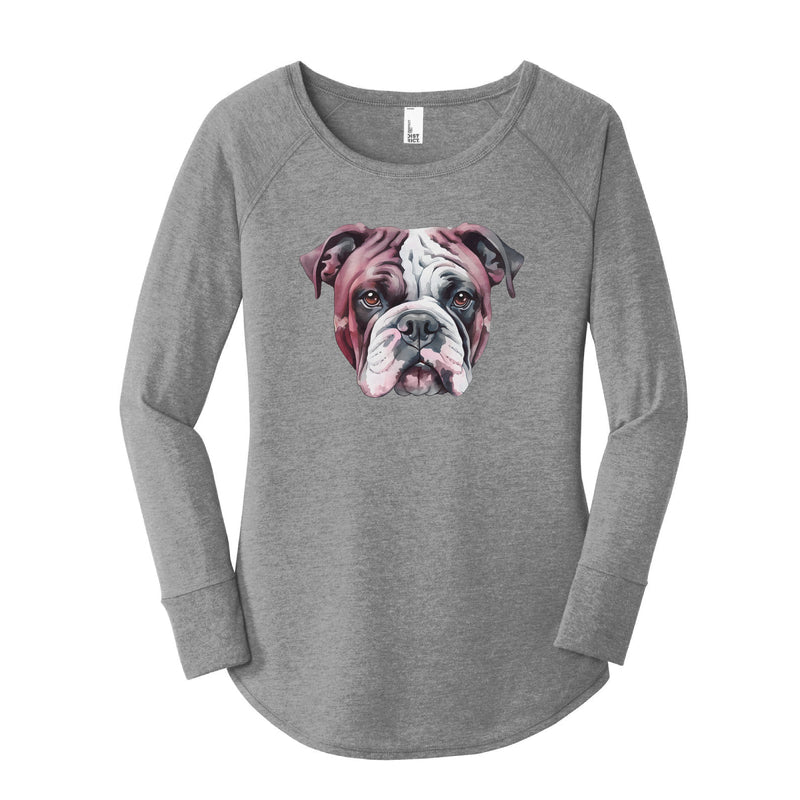 Watercolor Bulldog Maroon & White | Grey Frost Long Sleeve Tunic Tee