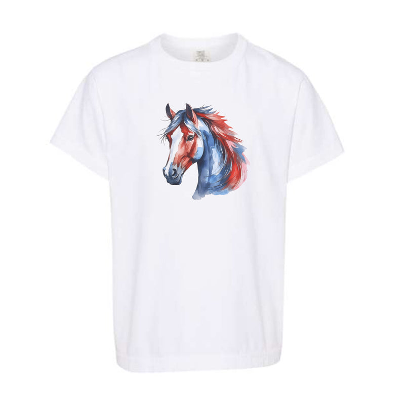 Watercolor Mustang Red & Blue | Youth White Tee