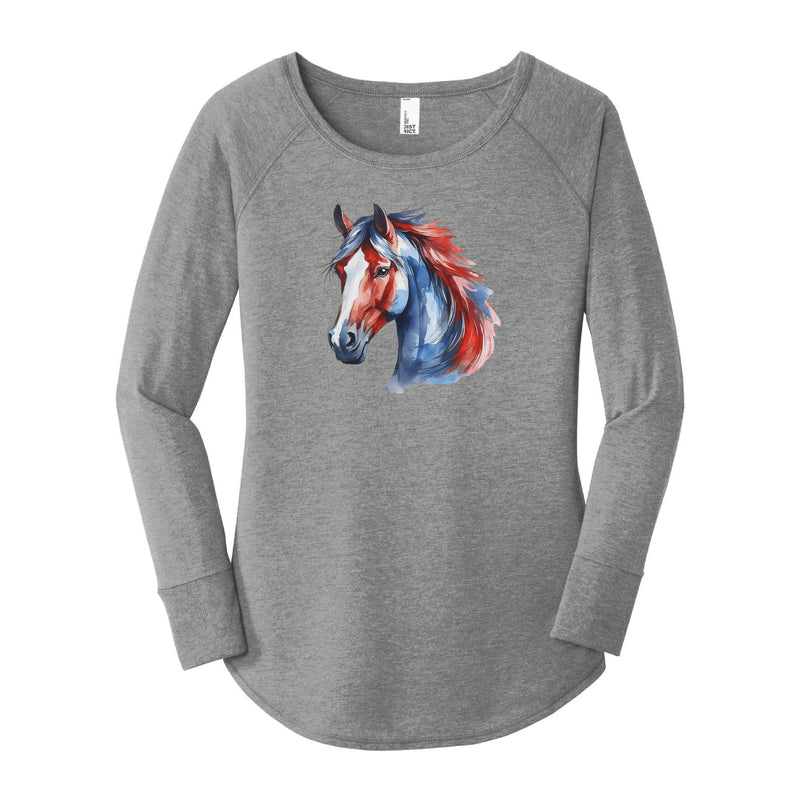 Watercolor Mustang Red & Blue | Grey Frost Long Sleeve Tunic Tee