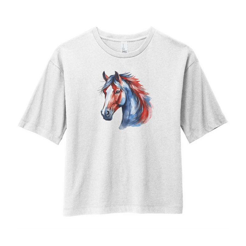 Watercolor Mustang Red & Blue | White Boxy Tee