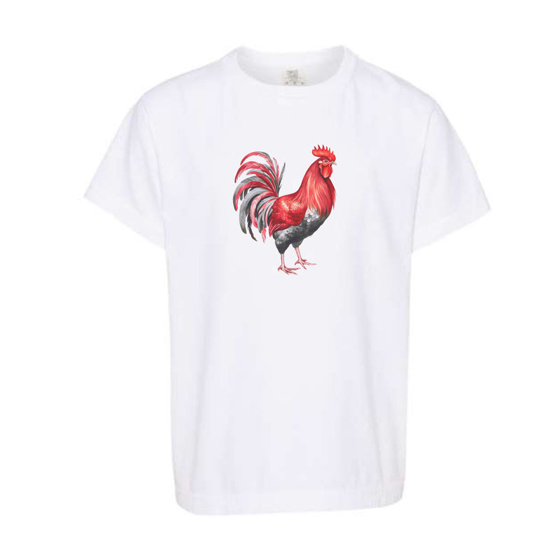 Watercolor Rooster Red & Black | Youth White Tee