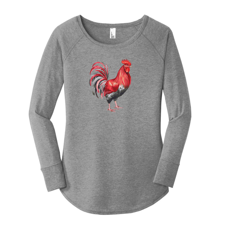 Watercolor Rooster Red & Black | Grey Frost Long Sleeve Tunic Tee