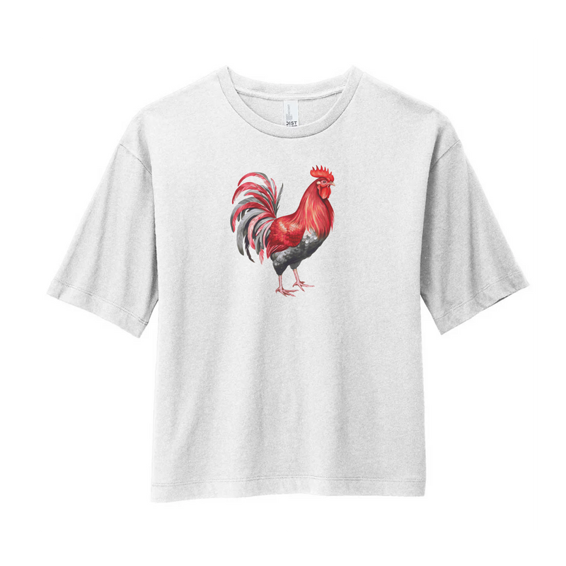 Watercolor Rooster Red & Black | White Boxy Tee