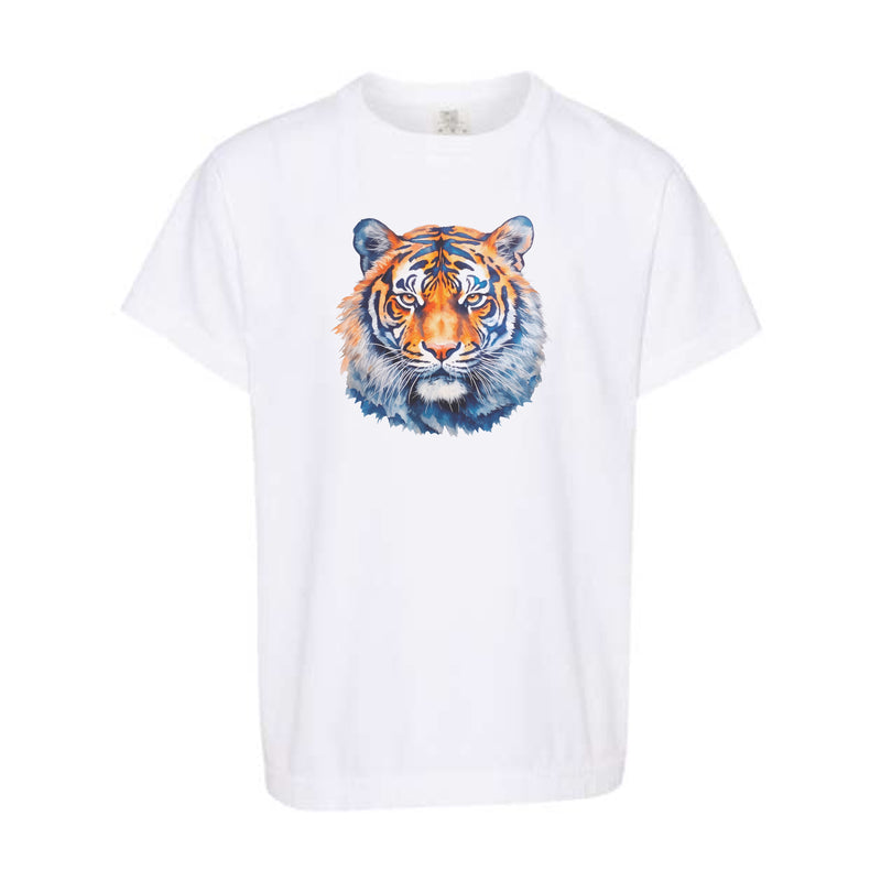 Watercolor Tiger Orange & Blue | Youth White Tee