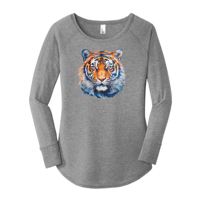 Watercolor Tiger Orange & Blue | Grey Frost Long Sleeve Tunic Tee