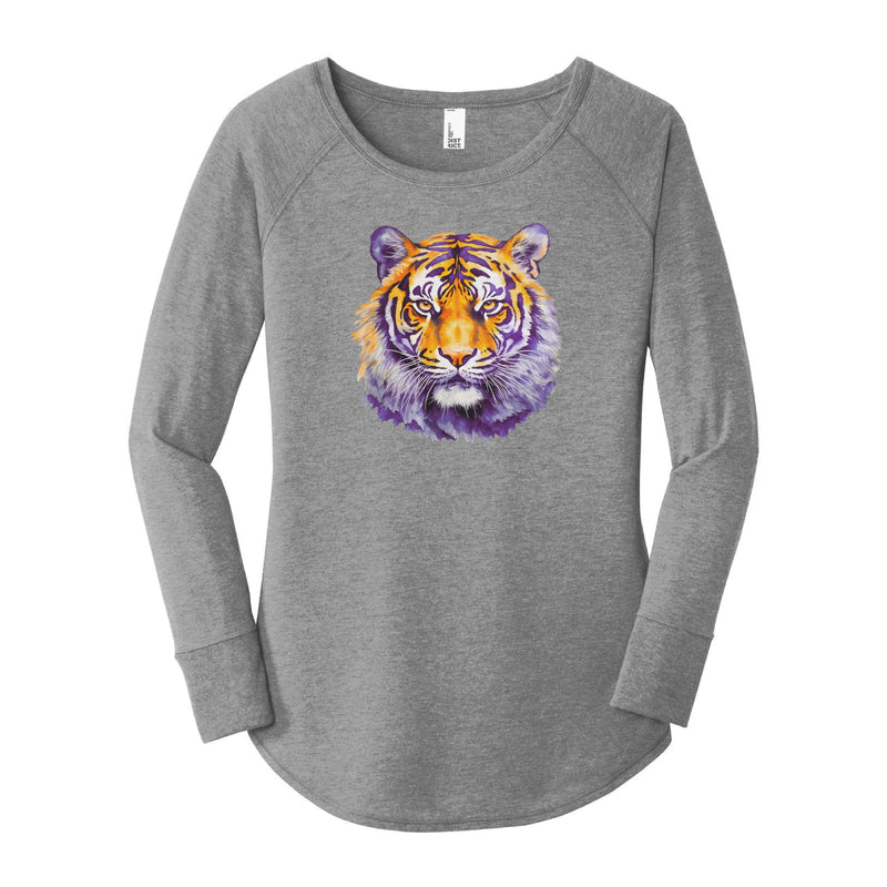 Watercolor Tiger Purple & Gold | Grey Frost Long Sleeve Tunic Tee