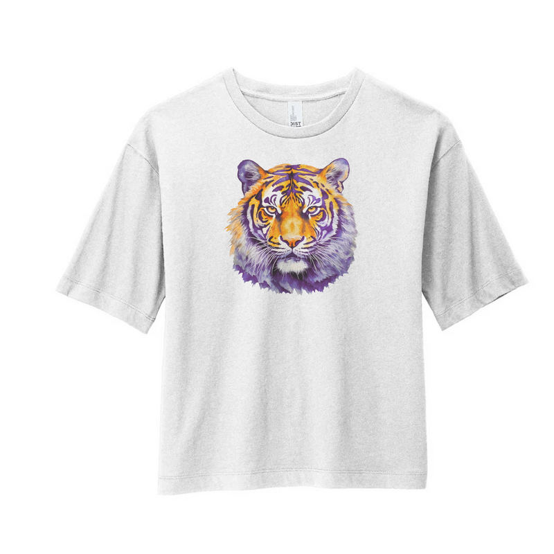 Watercolor Tiger Purple & Gold | White Boxy Tee